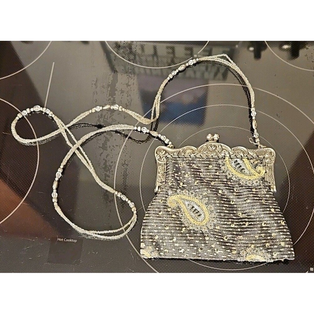 Vintage Christiana Art Nouveau Black Beaded Clutch Purse Silver Floral Detail
